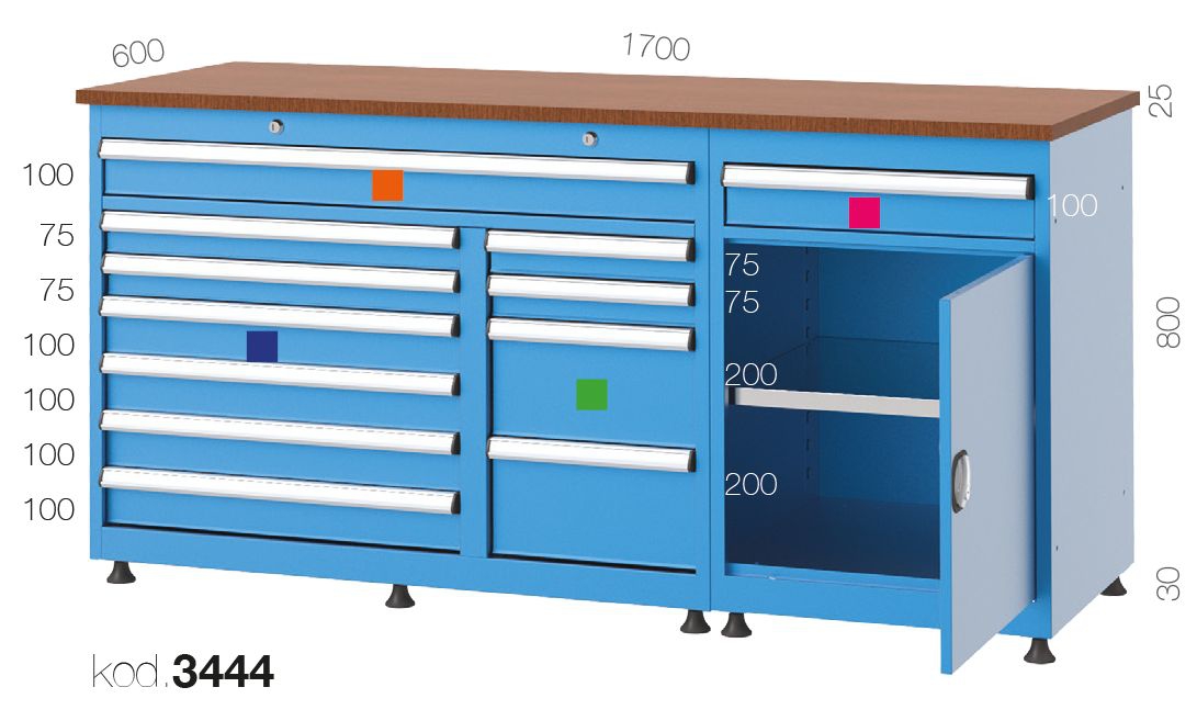 3444 - 12 ÇEKMECELİ YARIM KAPILI UZUN TİP BANKO,ÇALIŞMA TEZGAHLARI