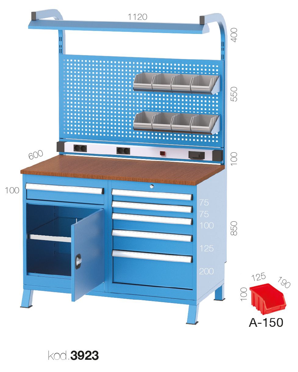 3923 - 1 ÇEKMECELİ YARIM KAPILI 5 ÇEKMECELİ 2 DOLAPLI ASKI PANOLU, FLORESANLI KISA ÇALIŞMA TEZGAHI