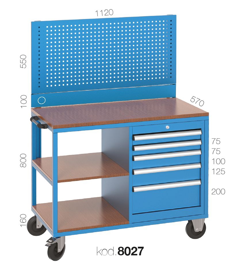 8027 - 5 ÇEKMECELİ YANDA 3 AÇIK RAFLI ASKI PANOLU ÇALIŞMA ARABASI