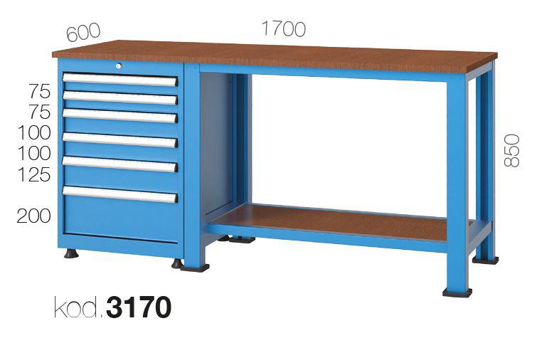 3170 - 6 ÇEKMECELİ RAFLI ÇALIŞMA TEZGAHI,ÇALIŞMA TEZGAHLARI,1700 mm Alt Raflı Masalar