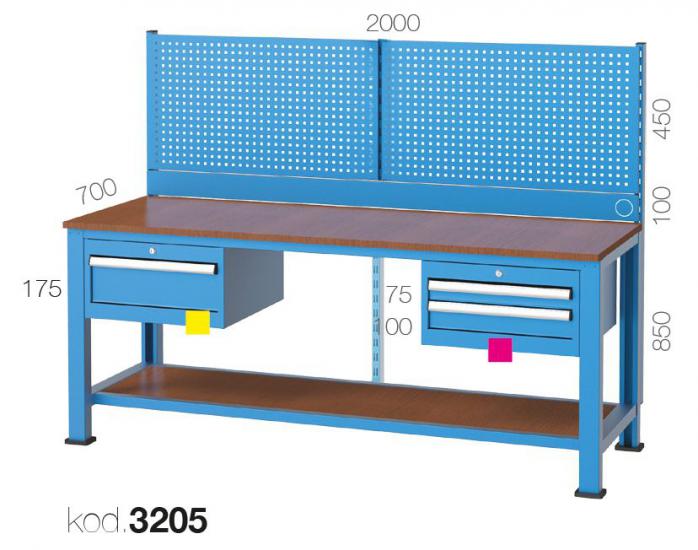 3205 - UZUN TİP ÜÇ ÇEKMECELİ, RAFLI VE ASKI PANOLU ÇALIŞMA TEZGAHI,ÇALIŞMA TEZGAHLARI,2000 mm Masalar