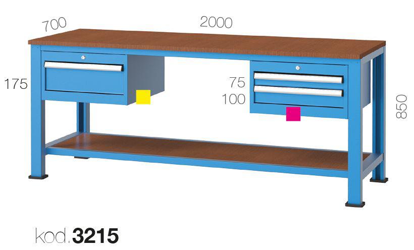 3215 - UZUN TİP ÜÇ ÇEKMECELİ, RAFLI ÇALIŞMA TEZGAHI,ÇALIŞMA TEZGAHLARI,2000 mm Masalar