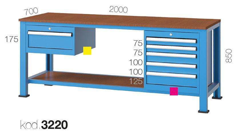 3220 - UZUN TİP 6 ÇEKMECELİ RAFLI ÇALIŞMA TEZGAHI,ÇALIŞMA TEZGAHLARI,2000 mm Masalar