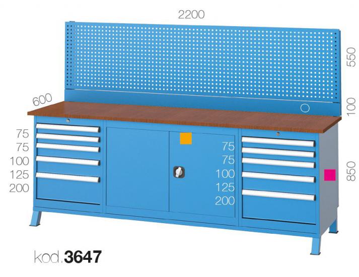 3647 - 10 ÇEKMECELİ, KANAT KAPILI DOLAPLI, ASKI PANOLU ÇALIŞMA TEZGAHI,ÇALIŞMA TEZGAHLARI,2200 mm Masalar