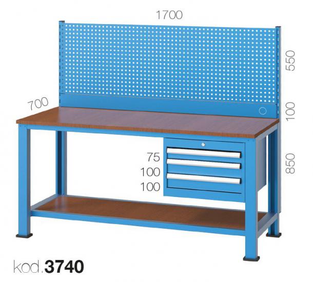 3740 - 3 ÇEKMECELİ ASKI PANOLU ÇALIŞMA TEZGAHI,ÇALIŞMA TEZGAHLARI,1700 mm Alt Raflı Masalar