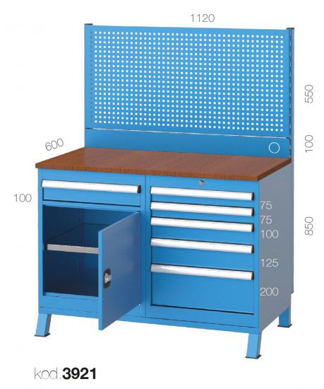 3921 - 1 ÇEKMECELİ YARIM KAPILI 5 ÇEKMECELİ 2 DOLAPLI ASKI PANOLU KISA ÇALIŞMA TEZGAHI,ÇALIŞMA TEZGAHLARI,1120 mm Masalar